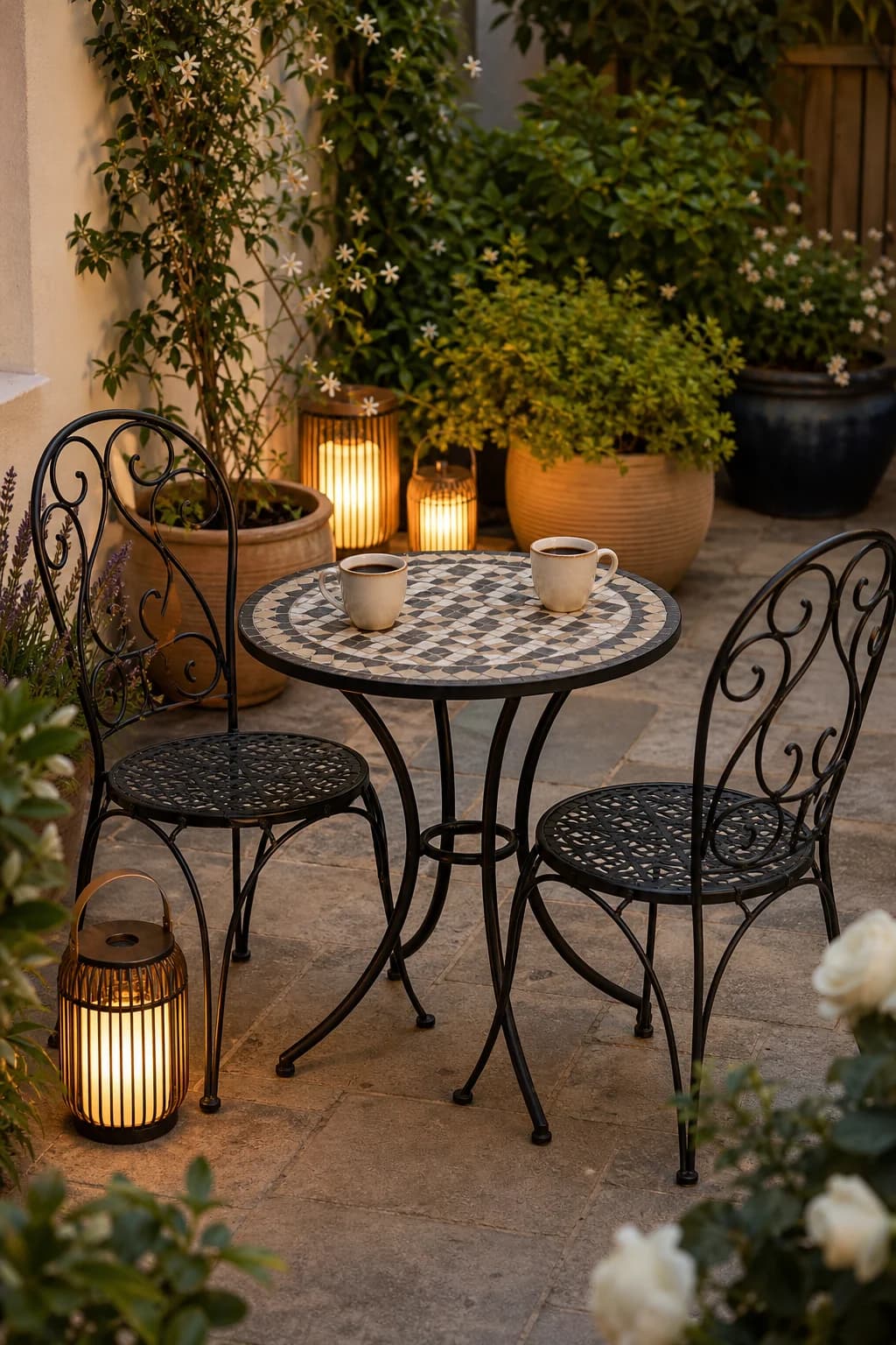 A mosaic bistro set on a sunlit garden patio